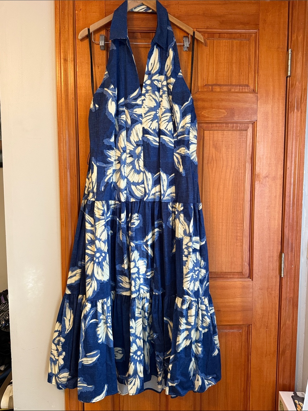 Donna Karan  Navy Blue Halter Floral Midi Dress